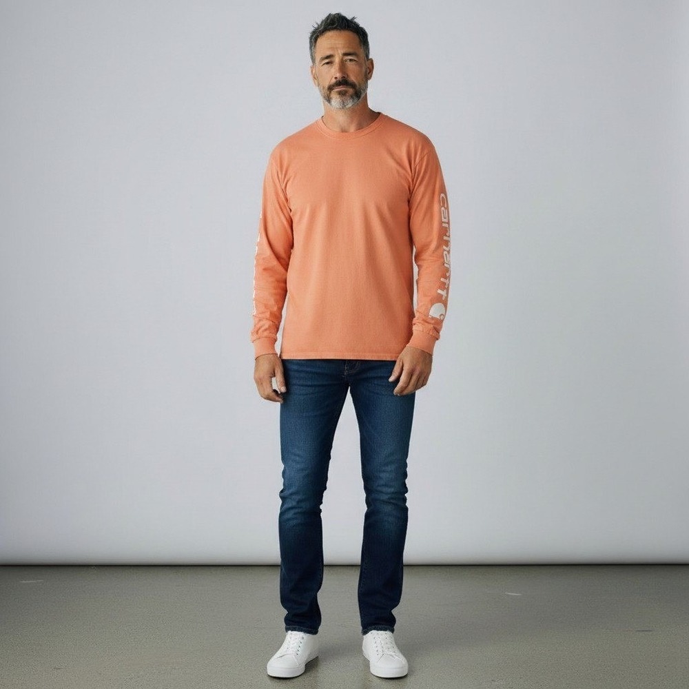 Carhartt Long Sleeve T-Shirt Mens XXL Orange Loose Fit Graphic Logo Cotton Tee